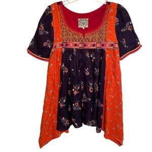 Floreat Patchwork Boho Embroidered Tunic Womens Size 0 Asymmetrical Flowy Folk